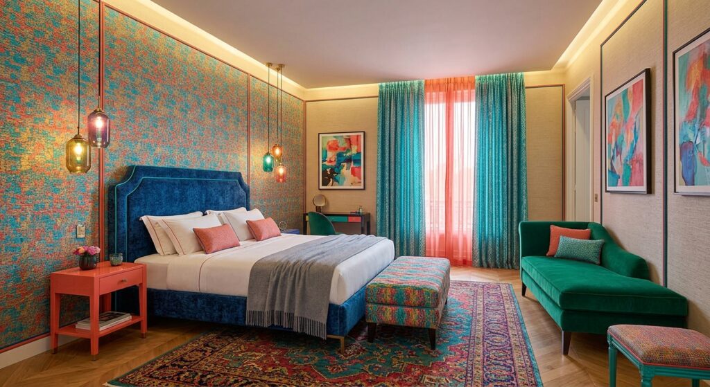Chambre avec tenture murale.