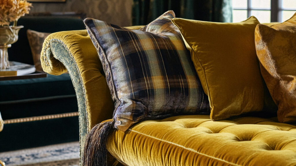 Banquette et coussins au tissu de velours.